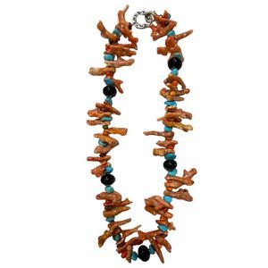 Vintage Tribal Natural Carnelian/Turquoise & Black Agate Statement Necklace 24"